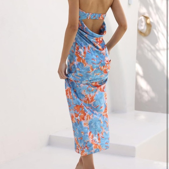 Floral Blue and Orange Strapless Women's Dress - Picture 2 of 3